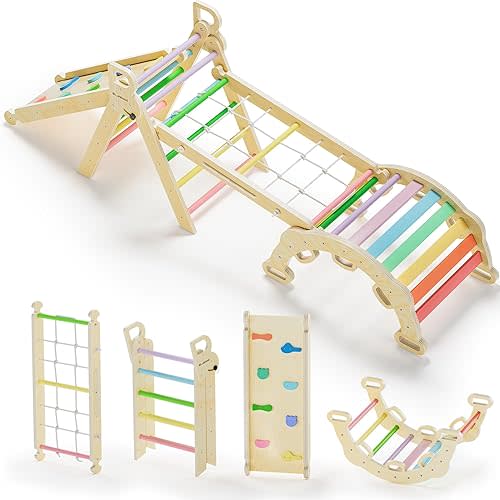 BlueWood 2025 8 in 1 Pikler Triangle Climbing Set Toddler Toys Indoor Baby Jungle Gym Climber Playground for Kids - Rainbow