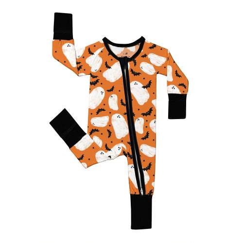 Baby Bamboo Fiber Zip-Up, Ghost Bat Print Romper, All-Season Knit Fabric Skinny Fit With Zipper Detail, Boy Baby Girl Clothes, Perfect For Halloween Outdoor