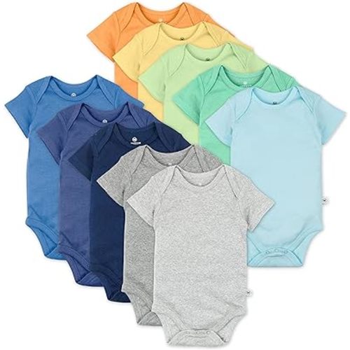 HonestBaby 10-Pack Short Sleeve Bodysuits One-Piece 100% Organic Cotton for Infant Baby Boys, Girls, Unisex, Rainbow Blues, Newborn