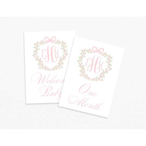 Monogram Crest Baby Milestone Cards, Dainty Pink Floral Crest Milestone Cards, Birth Details Card, Baby Shower Gift, Baby Girl Month Cards