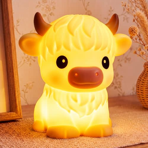 Mewaii Huggwaii Squishy Highland Cow Night Light for Kids, BPA-Free | 30-Min Timer, 3 Levels Dimmable, Rechargable Lamp, Soft Silicone, Nursery Decor, Toddler Nightlight, Gift for Girls & Boys