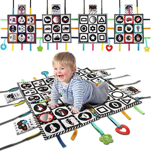 teytoy Tummy Time Floor Mirror, Double High Contrast Play and Pat Activity Mat Black and White Baby Crinkle Toys with Teether, Great Gift for Infants Boys and Girls -Pack of 4