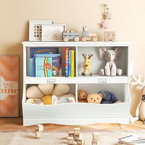 Costzon Toy Storage Organizer, 4-Cubby Kids Bookshelf with Footboard and Name Card, Wooden Children's Bookcase, Montessori Toy Shelf for Playroom, Bedroom, Daycare, Classroom (White)