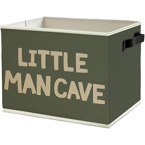 Little Man Cave Boys Storage Bins Box with Handles, Olive Green Boho Collapsible Basket Organizer for Kids Boys Playroom Nursery Room Bedroom Bathroom Toys Books Clothes