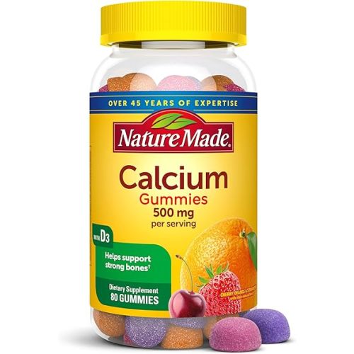 Nature Made Calcium Gummies 500 mg Per Serving with Vitamin D3, Dietary Calcium Supplement for Bone Support, 80 Gummies, 40 Day Supply