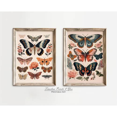 Boho Butterfly art, Butterfly set of 2, Boho Butterfly Print
