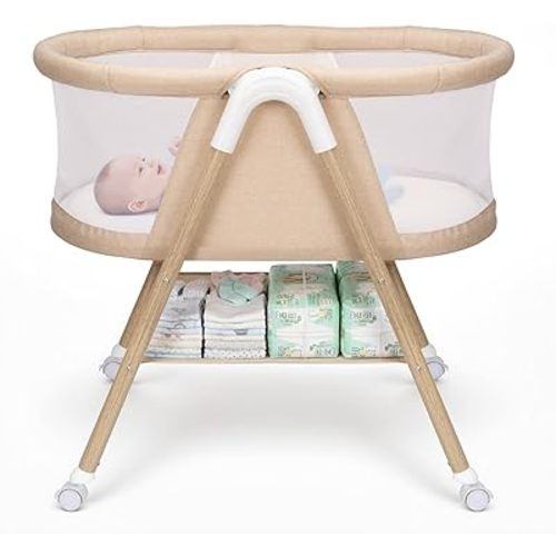 Uuoeebb Baby Bassinet, Bassinet Bedside Sleeper, Upgrade Safety Bedside Bassinet for Baby with 360° Silent Wheels, Storage Tray Basket, Breathable Mesh, Easy Move, Easy to Install,Khaki