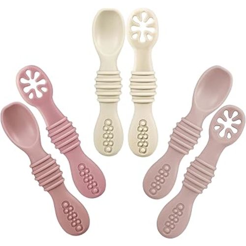 PandaEar Silicone Baby Spoons Self Feeding 6 Months| 6 Pack Baby Feeding Spoons| Toddler Infant led Weaning Spoon| Kid Spoon Ustensile Bebe (Pink/Light Pink/Beige)