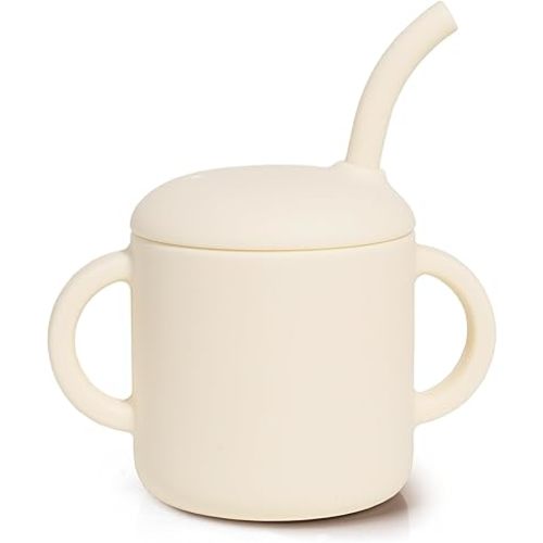 Silicone Baby Cup with Straw, Straw Cup for 6 months+ old, Leak Proof Silicone Baby Training Cup 6 fl oz (Beige)