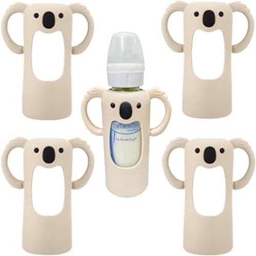 4 Pcs Silicone Sleeve Compatible with Dr. Brown Narrow Glass Baby Bottle 8 oz/250 mL, Cute Koalas Shape Drop Protection Sleeves with Silicone Handles (4 Beige, 8 Ounce)