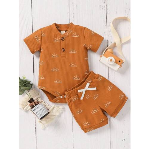 2 Pcs/Set Baby Boys' Ribbed Print Short Sleeve Fashion Comfortable Bodysuit | SHEIN USA