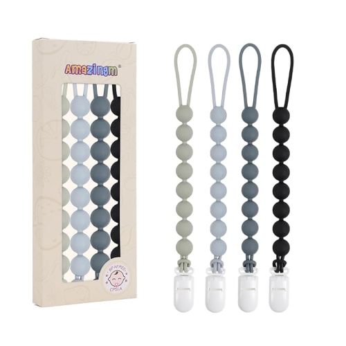 4 Pcs Gray Baby Silicone Teething Pacifier Clip,One-piece Design,Round Shape,Smooth Surface,BPA Free.