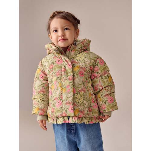 Green Floral Shower Resistant Frill Hem Padded Coat (3mths-7yrs)