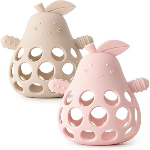 Baby Teething Toy Silicone Teether for Infants, Pear-Shaped Design with Easy-Grip Hole and Nipple-Shaped Ends for Gum Massage & Sensory Development, BPA-Free Safe Baby Chew Toy YIVEKO-Ivory+Blush