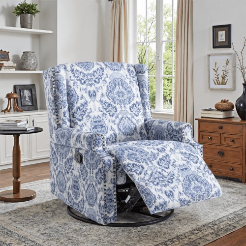 DREAMSIDEA Recliner Swivel Glider Rocker Nursery Chair for Adults, High Back Upholstered Rocking Armchair for Living Room, Manual Reclining Sofa Lounge Chair with Deep Seat in Fabric - Navy