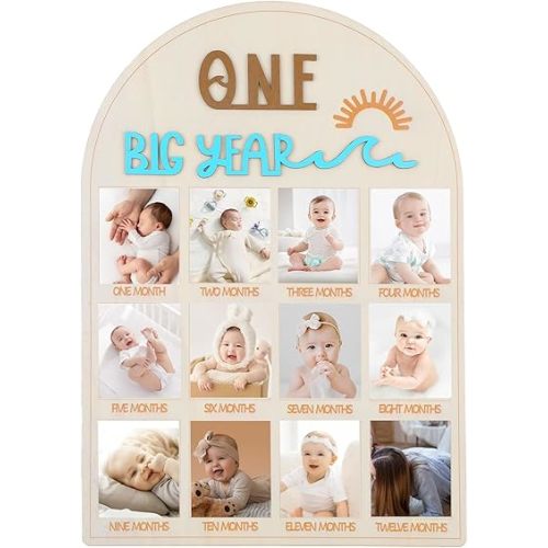 My First Year Photo Board Frame Milestones, One Year Birthday Wooden Photo Board, 12 Monthly Picture Frame Baby Wood Acrylic Sign 1st First Birthday Decorations for Girl Baby Keepsake Gifts(SyleA)