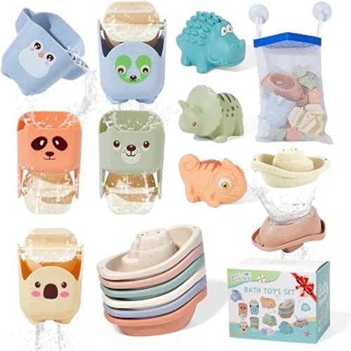 Baby Bath Toys for Kids Ages 1-3, 14 Pack Mold Free Bath Toys Toddlers 2-4 Bathtub Toys with Floating Boats&Cups and No Hole Bath Toy for Babies 6-12 Months Gifts for Boys & Girls