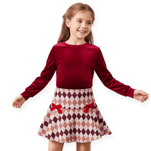PatPat Toddler Girls Clothes Long Sleeve Skirt Set Velvet Crop Top and Bows Plaid Dress 2-Piece School Outfit Red Holidays Sizes 4-12Y