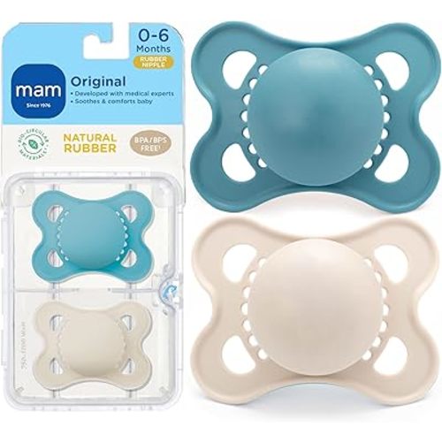 MAM Original Latex Pacifiers, Binky Pacifier for 0-6 Months, Natural Rubber Nipple, Made from Bio-Circular Materials, Easy to Clean, with Sterilizer Case, 2 Count Binkies