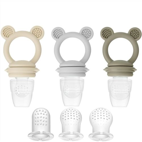 PandaEar 3 Pack Baby Fruit Food Feeder Pacifier, Silicone Feeder Pacifier with 3 Sizes Pouches for Babies Toddlers Infants Kids, BPA-Free Food Grade Soft Safe -Tan/Grey/Brown