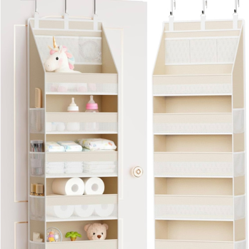 Criusia Over the Door Organizer, 6-Shelf Closet Hanging Storage with 13 Mesh Pockets, 55lbs Capacity Behind the Door Storage for Baby Nursery, Bathroom, Bedroom, and Dorm, Beige