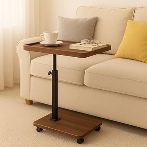 Adjustable Height C Shaped Side Table with Wheels, Rolling Sofa Couch End Table, 360° Swivel Laptop Desk TV Tray, Bedside Snack Table for Small Spaces Living Room Bedroom (Walnut Grain)