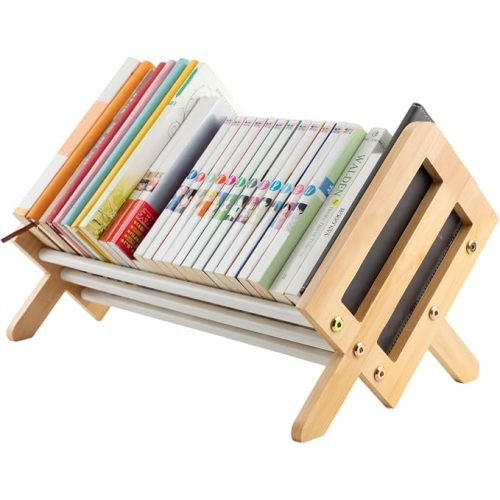 Desktop Bookshelf, Wood Tilting Bookcase with Iron Rack, Book Organizer for CDs/Magazine/Books Display, Storage Rack in Living Room/Studyroom/Home/Office, Yellow&White, 19.68"