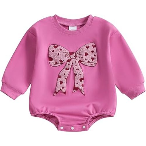 Newborn Baby Girl Fall Outfit Bow Oversized Sweatshirt Bubble Romper Long Sleeve Sweater Bodysuit One-Piece Jumpsuit