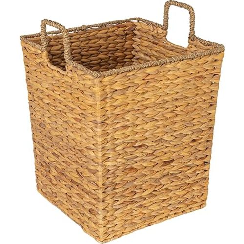 Household Essentials Square Handwoven Water Hyacinth and Seagrass Basket with Handles, Natural