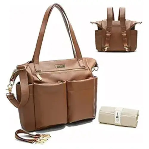 miss fong Diaper Bag Tote Leather Diaper Bag Backpack Pañaleras Para Bebe with 15 Pockets,Leather Diaper Tote with Diaper Changing Pad, Baby Bag for Moms Mommy Bag for Women