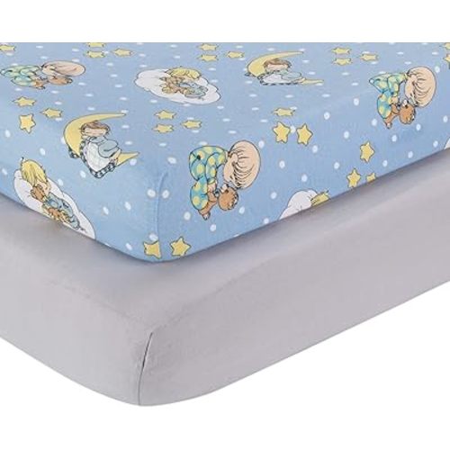 2 Pack Fitted Crib Sheets for Boys in 100% Jersey Knit Cotton – Blue and Yellow Precious Moments Design Plus Solid Gray Boy’s Crib Mattress Sheets by Everyday Kids