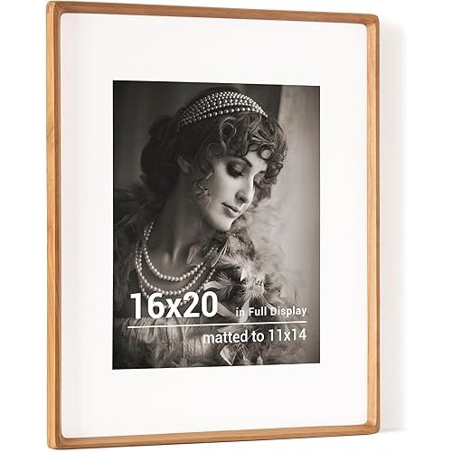 16 x 20 Picture Frame, USA-Sourced Cherry Wood Photo Frames with HD Tempered Glass, Handcrafted Rounded Corner 16x20 Wooden Frames Matted to 11x14 Photos, Horizontal or Vertical Wall Display