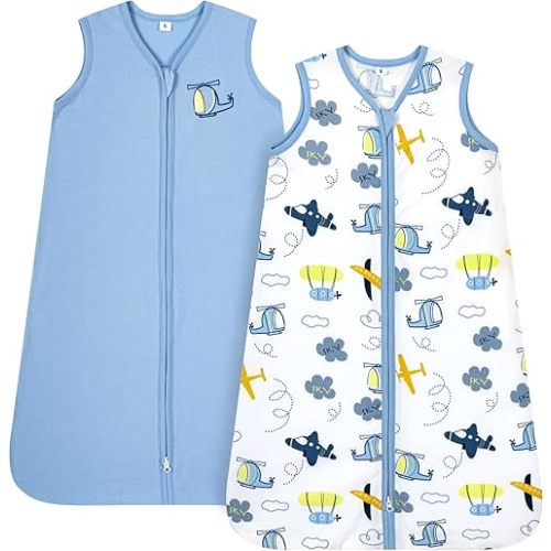 TILLYOU 2 Pack Infant Sleep Sack 0-6 Months 100% Cotton Wearable Blanket 0.5 TOG Sleeveless Summer Sleep Sacks with 2-Way Zipper, Sky Adventure & Sky Blue