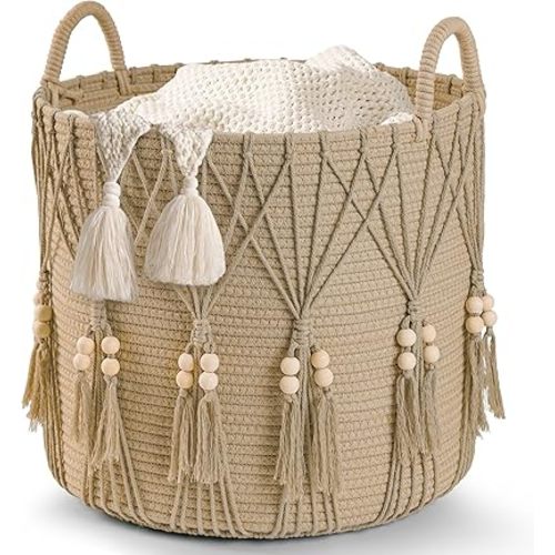Blanket Basket for Living Room Decor Storage Basket for Toy Organizer Boho Decor Baskets for Modern Farmhouse Decor Small Laundry Basket for Bedroom and Laundry Room Organization,Natural