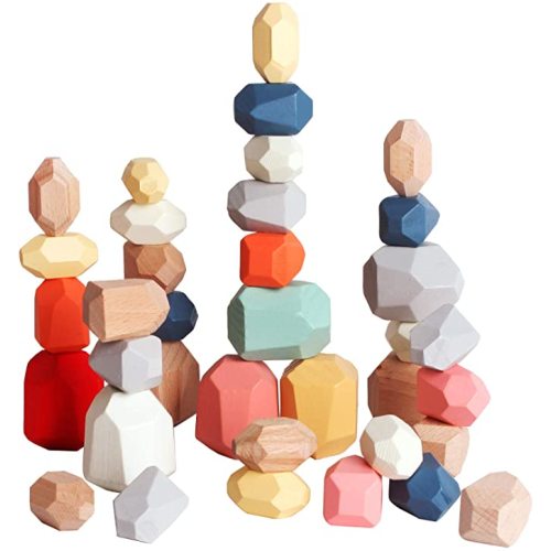 BESTAMTOY 36 PCS Wooden Sorting Stacking Rocks Stones,Sensory Toddler Toys Learning Montessori Toys, Building Blocks Game for Kids 1 2 3 4 5 6 Years Boy and Girl Birthday Gifts for Kids