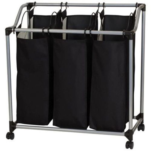 Household Essentials Triple Sorter Silver/Black: Rolling Clothes Hamper with Steel Frame & Sorter Bags