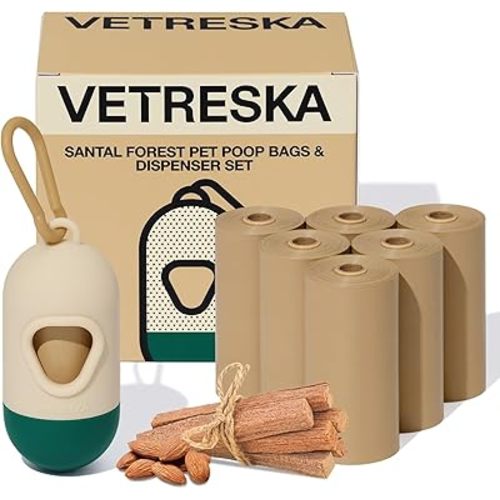 VETRESKA Dog Poop Bag with Dispenser, Leak Proof and Extra Thick Pet Waste Bags for Dog Walking and Cat Litter, Sandalwood & Almond Scented, 105 Count