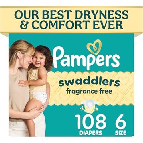 Pampers Swaddlers Diapers, Size 6 (23-44 lbs), 108 Count, Fragrance Free, Hypoallergenic, Absorbent, Pediatrician Recommended, Skin Safe