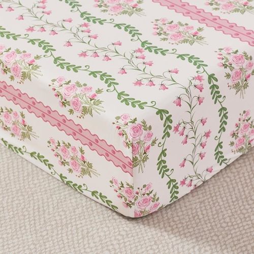 Brandream Organic Crib Fitted Sheets for Baby Girls, Floral Stripes and Vines Grandmillennial Fitted Crib Sheet for Standard Crib/Toddler Mattress Super Soft 100% Cotton Cottagecore Pink Baby Sheet