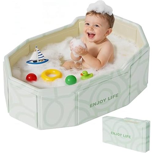 Collapsible Baby Bathtub for Shower, Portable Foldable Toddler Bath Tub with Non-Slip Base, Compact Travel Essentials for Kids & Infants, Easy Storage in Small Spaces, Green