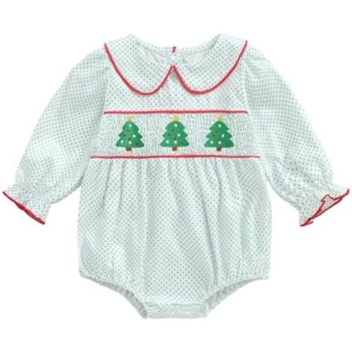 Newborn Baby Girl Christmas Outfit Doll Collar Smocked Christmas Tree Embroidery Polka Dot Bubble Romper Bodysuit