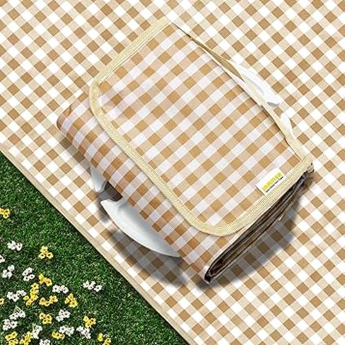 Outdoor Picnic Blankets Waterproof Foldable Sandproof, Extra Large Gingham Cute Picnic Mat Washable Portable for Park Beach Camping Courtyard (Coffee, 80"×80")