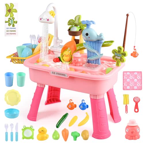 2027 Upgraded 4-in-1 Water Table for Toddlers 1-3, Kids Sensory Table with Electric Water Pump & Faucet, Kitchen Play Sink Toys with Food Accessories, Fishing Toy