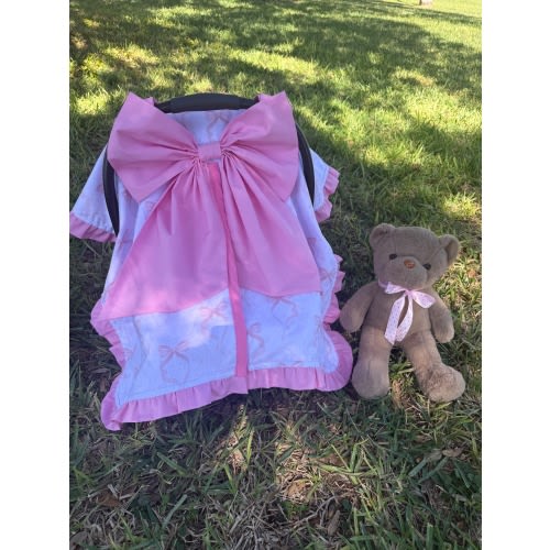 Pink Bow Coquette Car Seat Cover | Handmade Infant Canopy, Ruffle Girl Carrier Shade