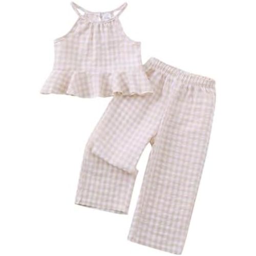 Kucnuzki Baby Girl Clothes Toddler Girl Summer Outfits Sleeveless Ruffle Halter Tops Wide Leg Pants Kids Clothing Set