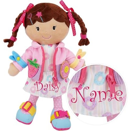 June Garden Personalized Dressy Friends Daisy – Custom Name Plush Doll for Toddlers – Montessori Learn-to-Dress Soft Toy with Buckles, Zipper & Ties – Educational Gift for Girls & Boys Age 2+