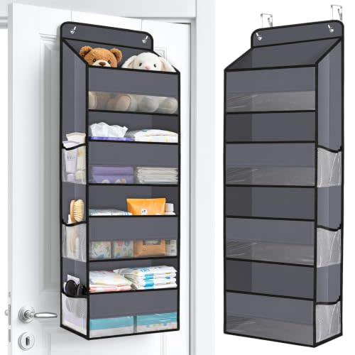 Over The Door Organizer Storage behind Door Hanging Organizer for Nursery | 4 Tier, 6 Side Pockets, Clear Window, Sturdy Construction, Space-Saving Storage for Closet, Bedroom, Bathroom & Nursery