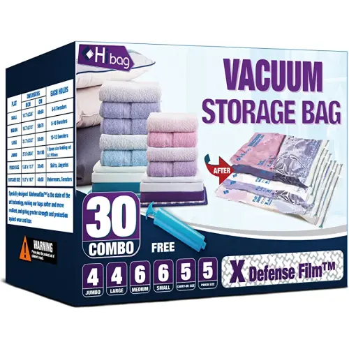 HIBAG Vacuum Storage Bags, 30-Pack Space Saver Vacuum Storage Bags, Vacuum Seal Bags for Clothing, Clothes, Comforters and Blankets (30C)
