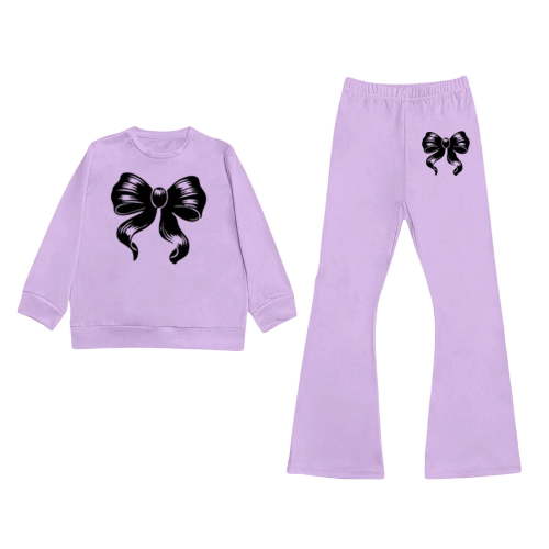 WOYY Girls Bow Crew Neck Sweatshirt and Flared Pants Outfits Cute Casual Sweatsuit Kids Clothing Sets, Sizes 3-10