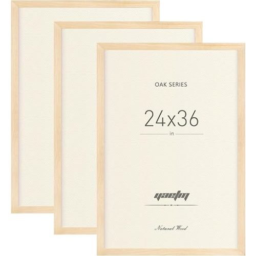 Yaetm 24x36 Oak Frames Set of 3, Wide Molding, Natural Solid Wood 24x36 Poster Frame, Display Large Picture with Plexiglass for Wall Mount (3 pack, Oak)